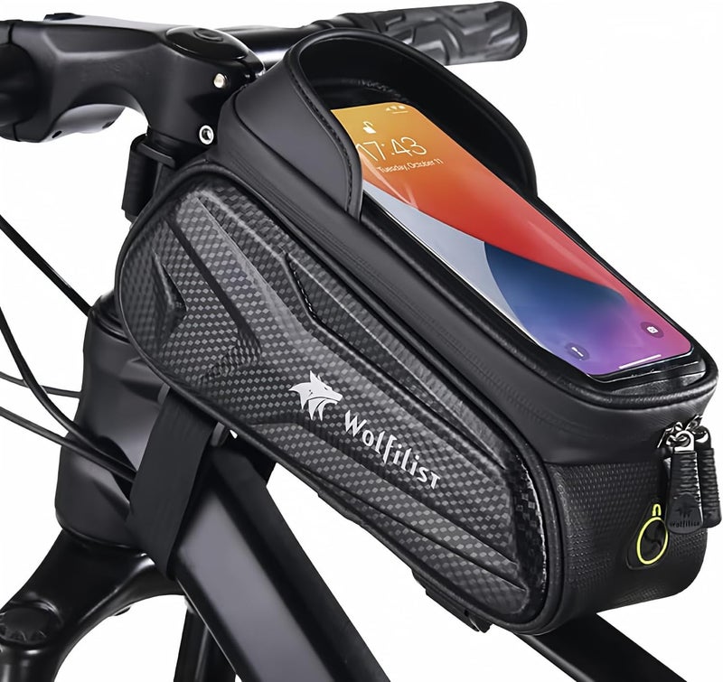 WOLFILIST Bike Bag - Waterproof Bike Frame Bag with Sun-Visor Rain Cover, Bike Phone Holder with TPU Sensitive Touch Screen, Handlebar Bag Bicycle Accessories, Large Capacity Suitable Phone Under 7" - Image 1